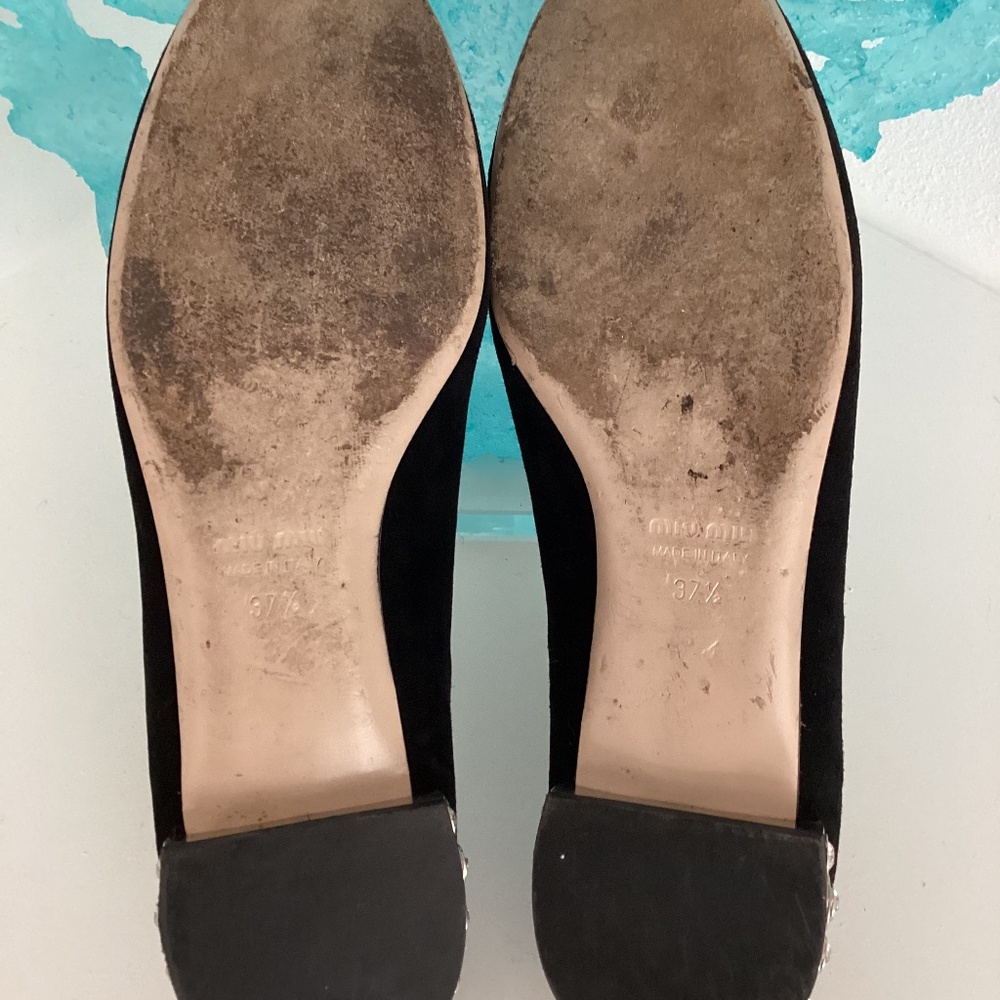 MIU MIU SUEDE FLATS WITH CRYSTAL HEEL EMBELLISHMENT SIZE 37.5 / US 7 - Picture 9 of 9